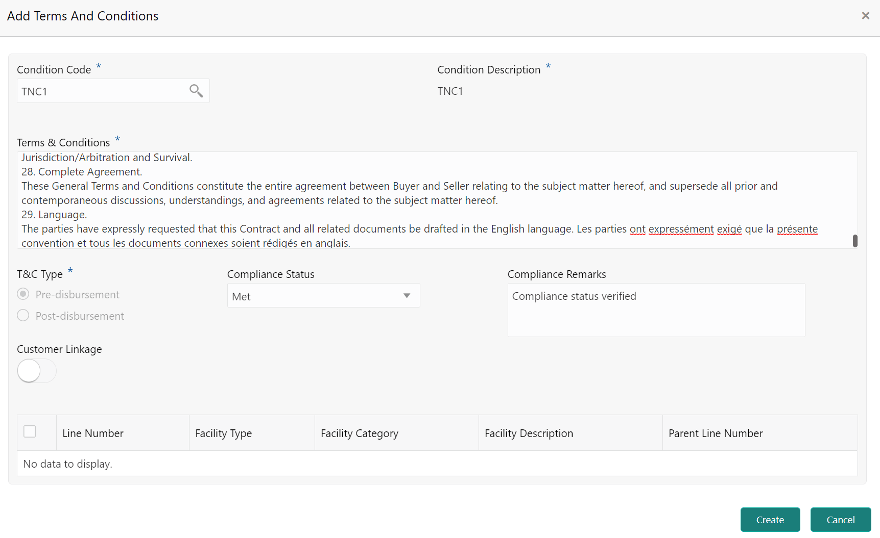 Terms And Conditions details such as T&C Type and Compliance Status