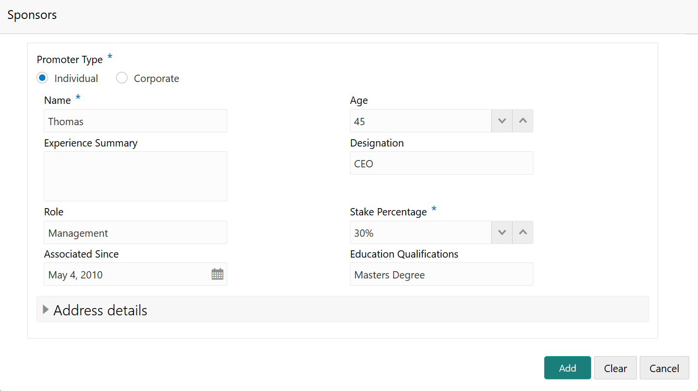 Sponsors details such as Promoter Type and Name