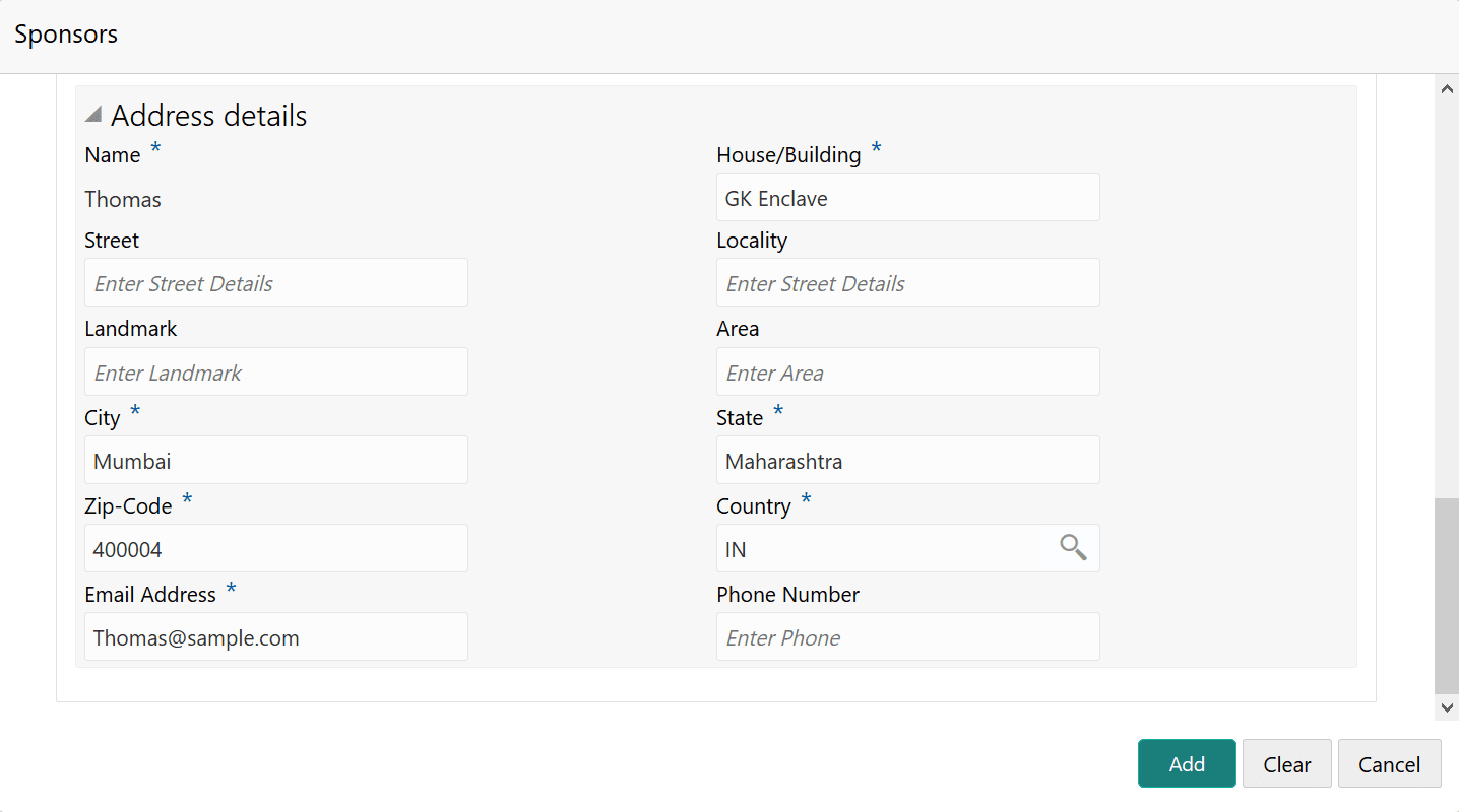 Address details of the Sponsors
