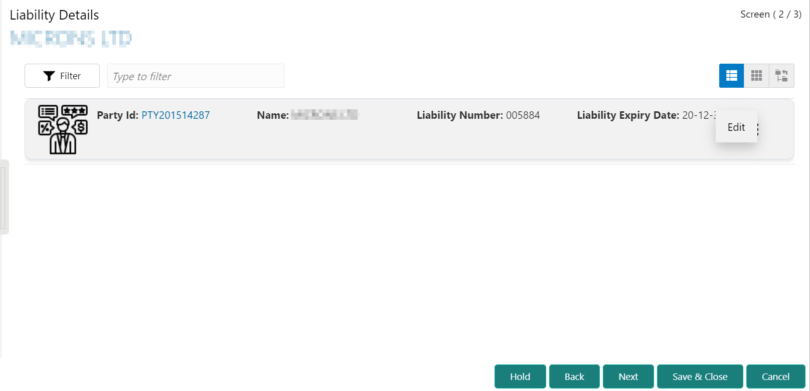 Edit Action for Liability Details