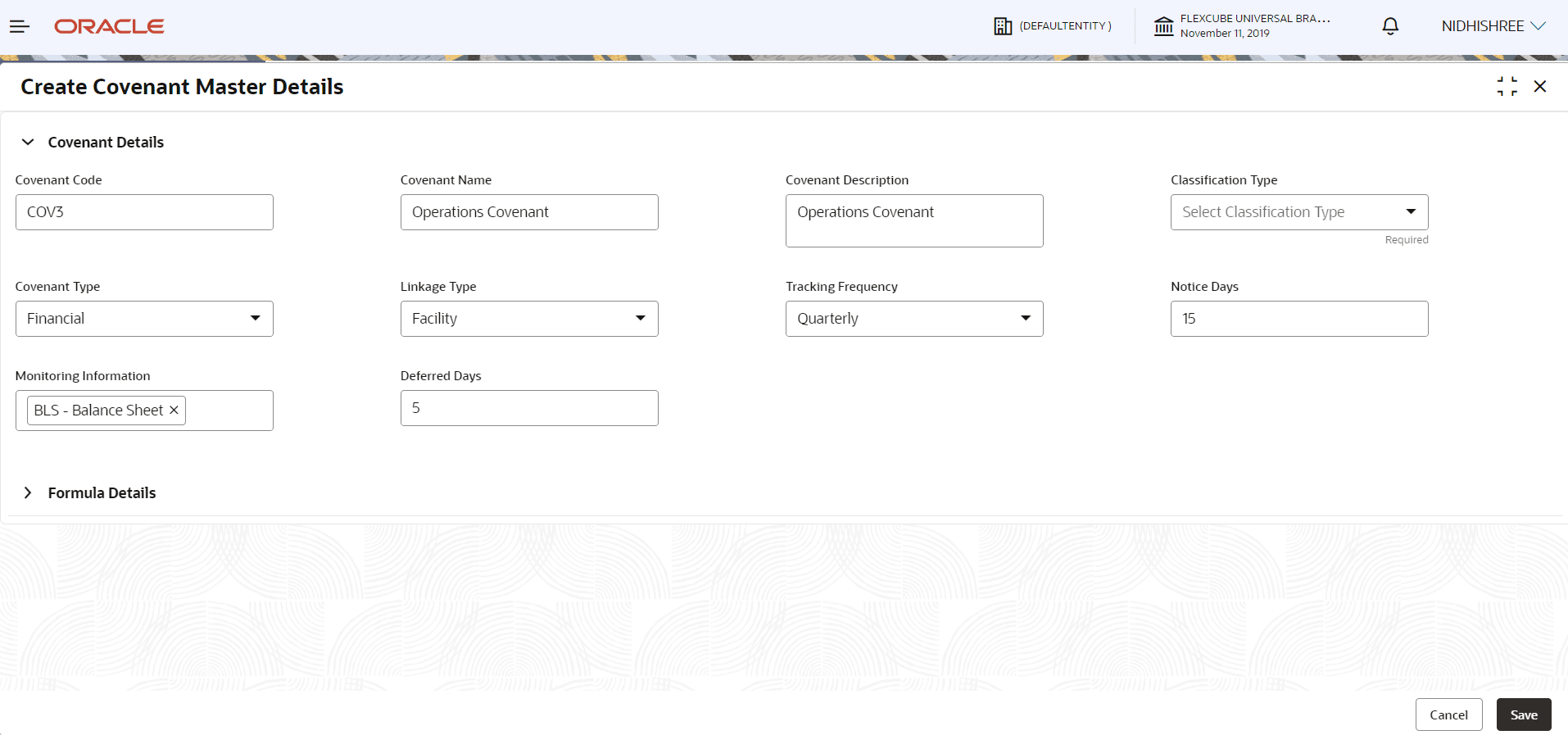 Create Covenant Master Details - Covenant Details- Financial