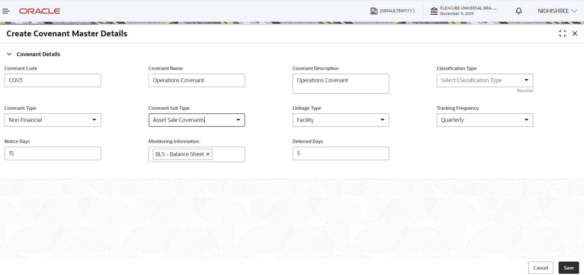 Create Covenant Master Details - Covenant Details- Non Financial