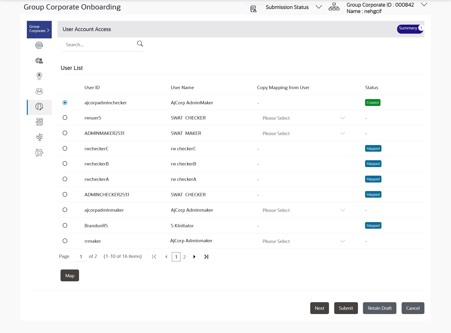 User Account Access – Search and Search Result