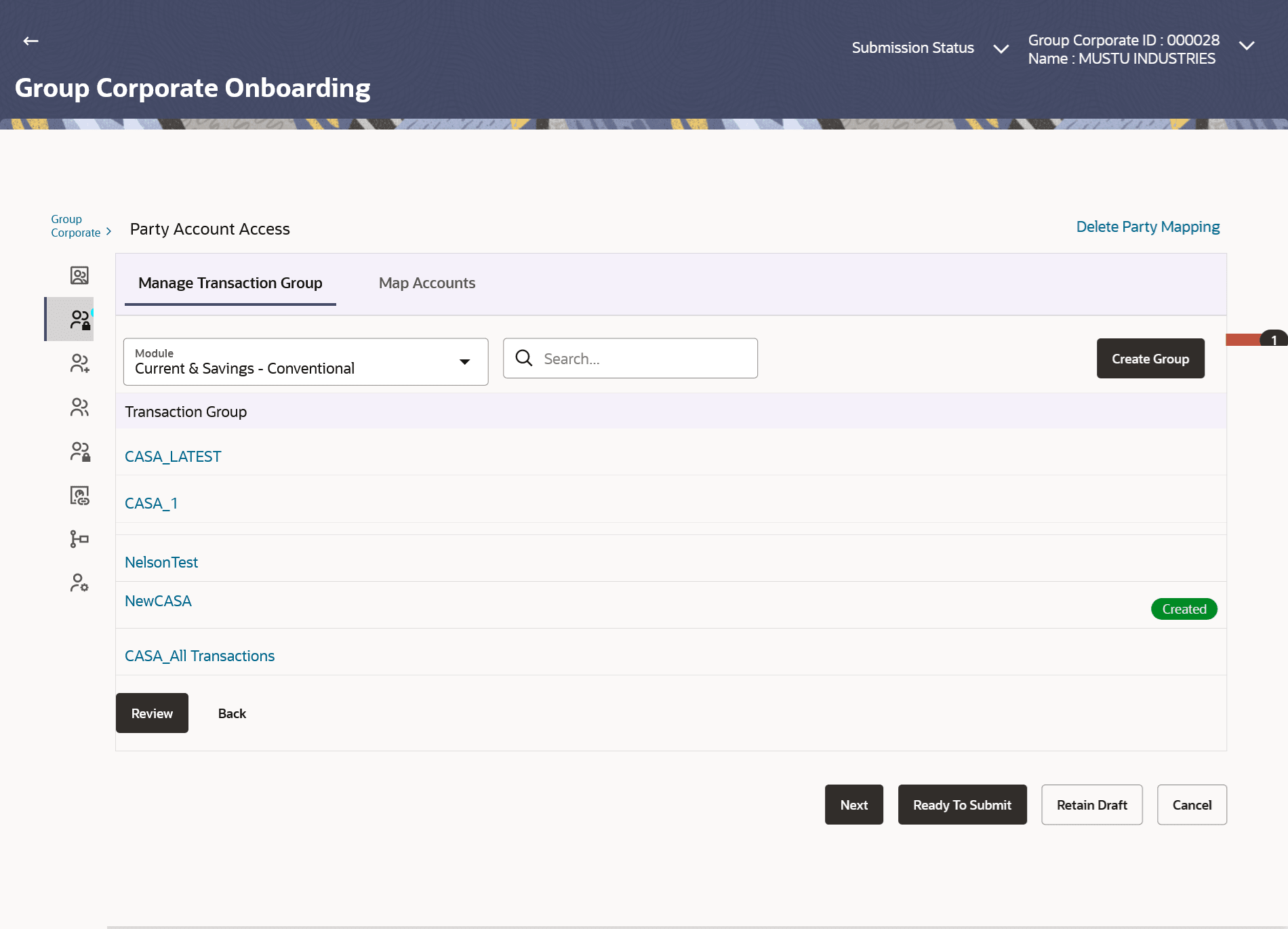 Party Account Access (Create) – Manage Transaction Group tab Party Account Access (Create) – Manage Transaction Group tab