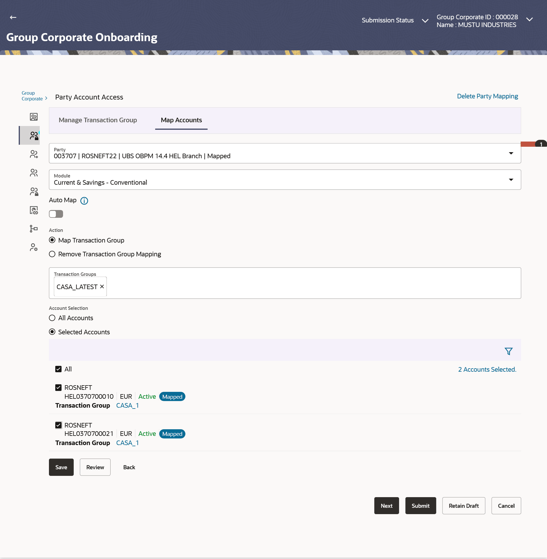 Party Account Access (Create) – Map Accounts tab Party Account Access (Create) – Map Accounts tab