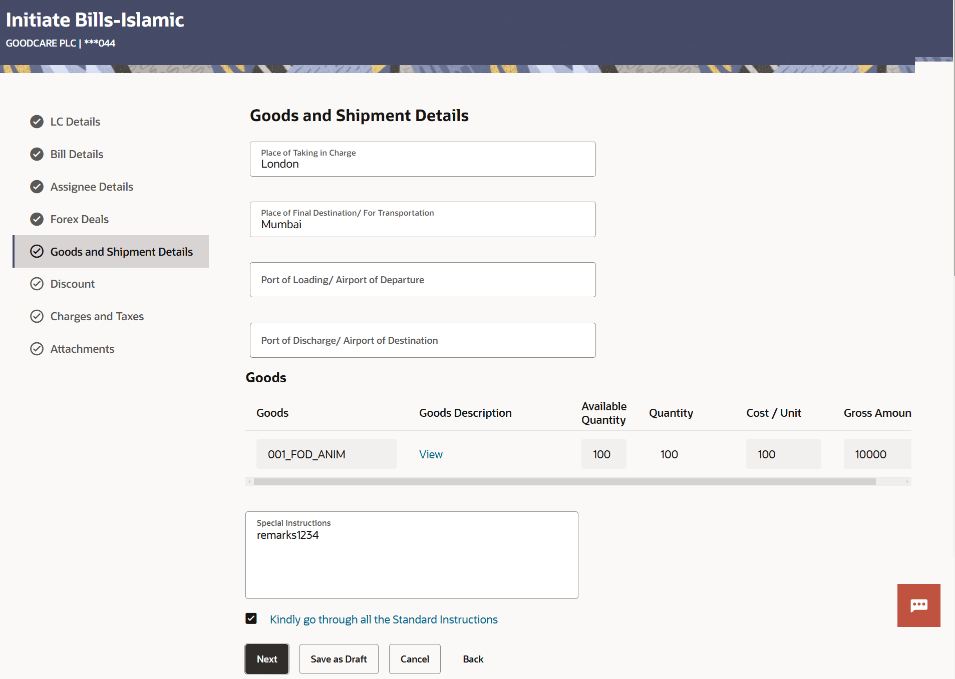 Description of initiate-bill-islamic-goods-and-shipment-details.png follows