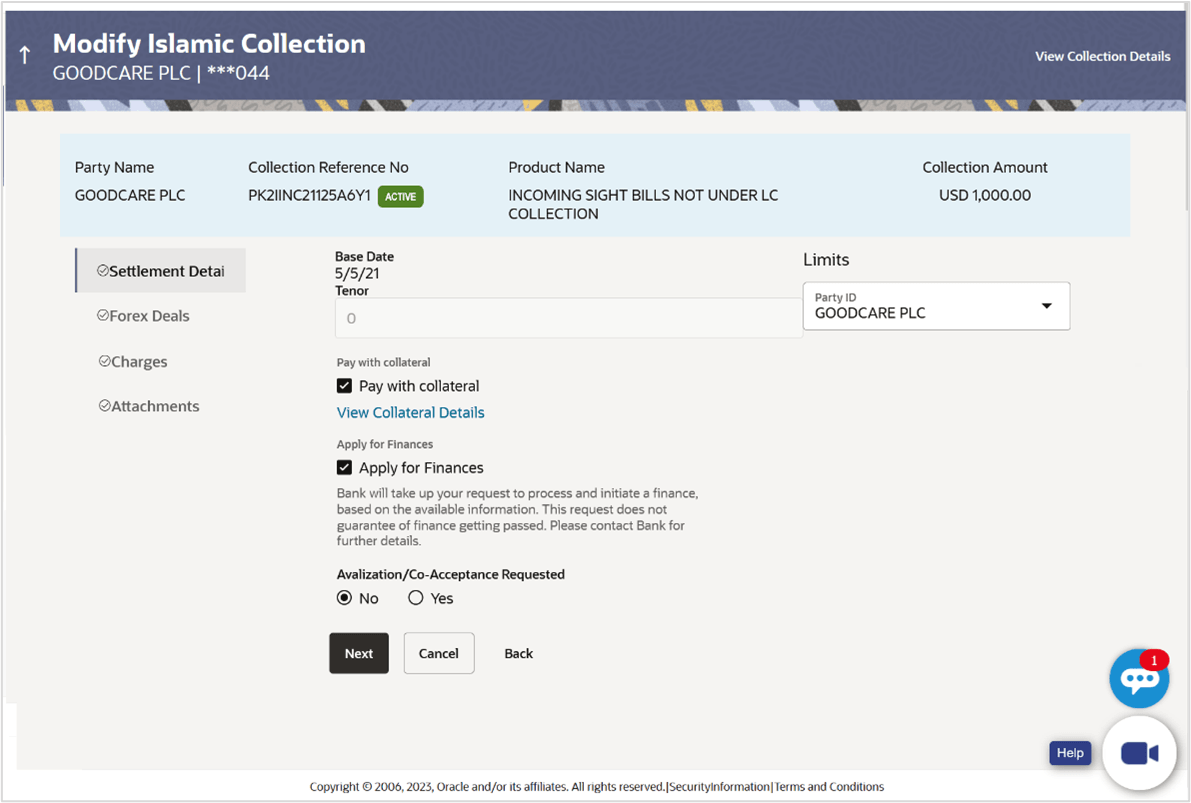 Modify Collection – Islamic – Settlement Details Modify Collection – Islamic – Settlement Details