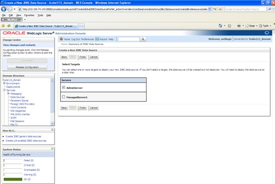 The image shows the Summary of JDBC Data Sources Screen. It displays several fields to specify the Summary of JDBC Data Source.