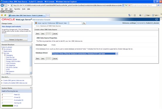 The image shows the Summary of JDBC Data Sources Screen. It displays several fields to specify the Summary of JDBC Data Source.