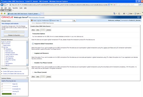 The image shows the Summary of JDBC Data Sources Screen. It displays several fields to specify the Summary of JDBC Data Source.