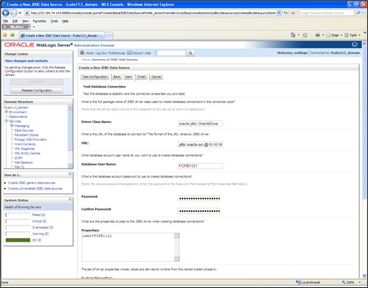 The image shows the Summary of JDBC Data Sources Screen. It displays several fields to specify the Summary of JDBC Data Source.