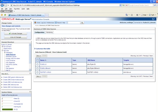 The image shows the Summary of JDBC Data Sources Screen. It displays several fields to specify the Summary of JDBC Data Source.