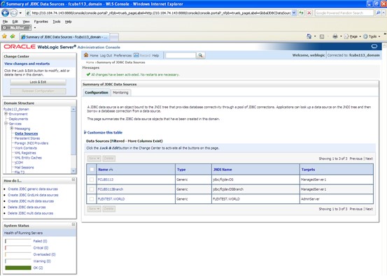 The image shows the Summary of JDBC Data Sources Screen. It displays several fields to specify the Summary of JDBC Data Source.