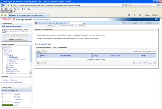 The image shows the Create a New JMS Server Screen. It displays several fields to specify the Create a New JMS Server.
