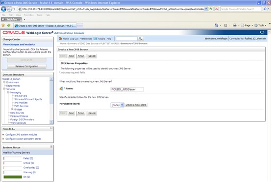 The image shows the Create a new JMS Server Screen. It displays several fields to specify the Create a new JMS Server.