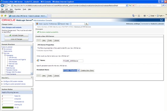 The image shows the Create a New JMS Server - Messages Screen. It displays several fields to specify the Create a New JMS Server - Messages.