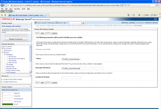 The image shows the Create JMS System Module - Targets Screen. It displays several fields to specify the Create JMS System Module - Targets.