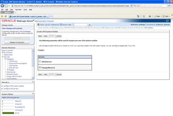 The image shows the Create JMS System Module - Add Resources Screen. It displays several fields to specify the Create JMS System Module - Add Resources.