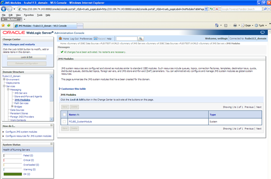 The image shows the JMS Modules - Ativate Changes Screen. It displays several fields to specify the JMS Modules - Ativate Changes.