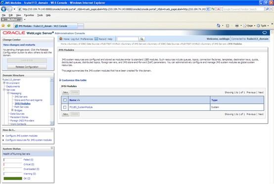 The image shows the JMS Modules Screen. It displays several fields to specify the JMS Modules.