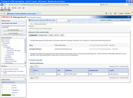 The image shows the JMS System Module Resource Screen. It displays several fields to specify the JMS System Module Resource.