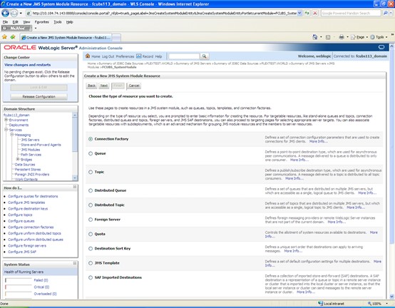 The image shows the Create a New JMS System Module Resource Screen. It displays several fields to specify the Create a New JMS System Module Resource.