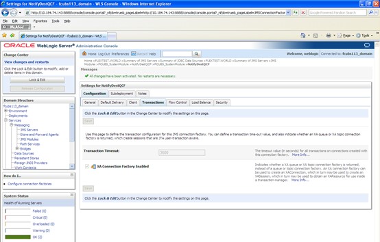The image shows the Settings for NotifyDestQCF - Activate Changes Screen. It displays several fields to specify the Settings for NotifyDestQCF - Activate Changes.