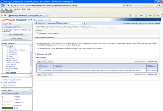 The image shows the Summary of JDBC Data Sources - Activate Changes Message Screen. It displays several fields to specify the Summary of JDBC Data Sources - Activate Changes Message.