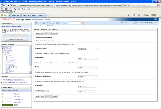 The image shows the Create a new JDBC Data Source. It displays several fields to specify the Create a new of JDBC Data Source.