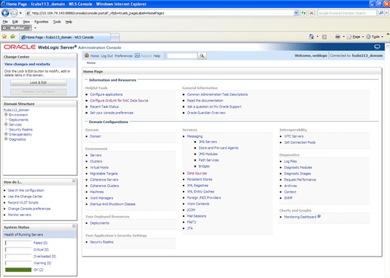 The image shows the Oracle Weblogic Server - Home Page Screen. It displays several fields to specify the Oracle Weblogic Server - Home Page.