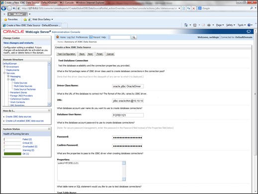 The image shows the Summary of JDBC Data Sources - New Data Source Screen. It displays several fields to specify the Summary of JDBC Data Sources - New Data Source.