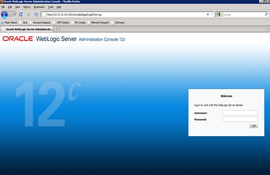 The image shows the Oracle Weblogic Server - Welcome Screen. It displays several fields to specify the Oracle Weblogic Server - Welcome.