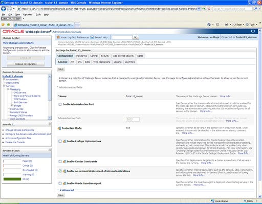 The image shows the Settings for fcubs113_domain Screen. It displays several fields to specify the Settings for fcubs113_domain.