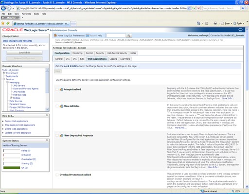 The image shows the Settings for fcubs113_domain - Web Applications Screen. It displays several fields to specify the Settings for fcubs113_domain - Web Applications.