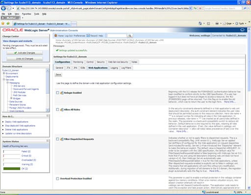 The image shows the Settings for fcubs113_domain - Messages Screen. It displays several fields to specify the Settings for fcubs113_domain - Messages.