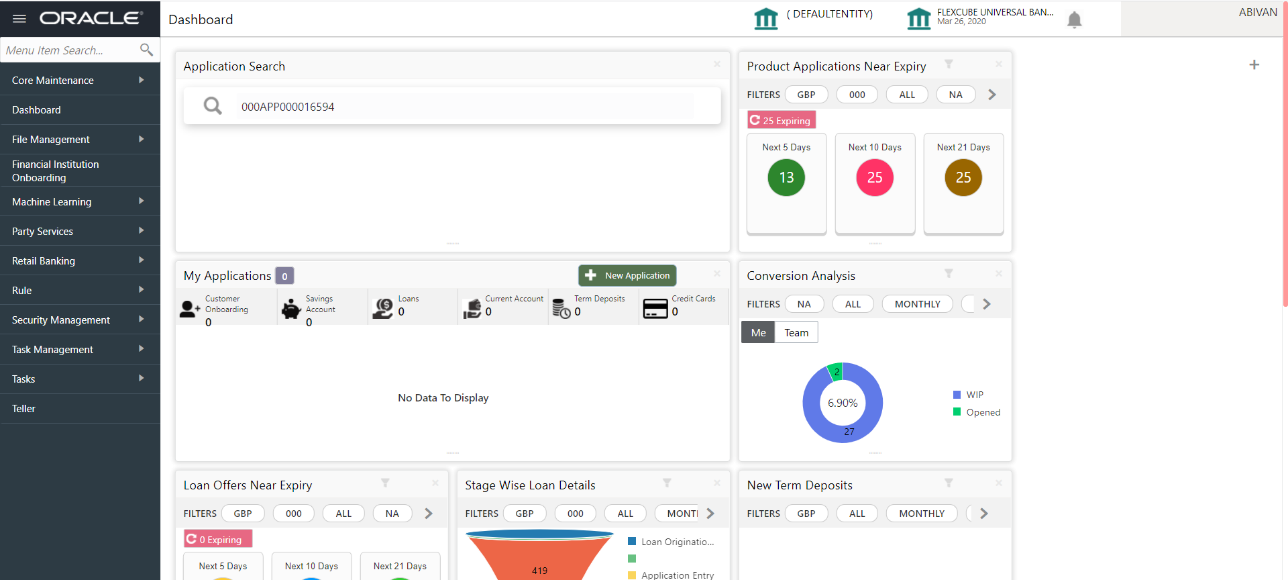 Oracle Banking Origination Dashboard