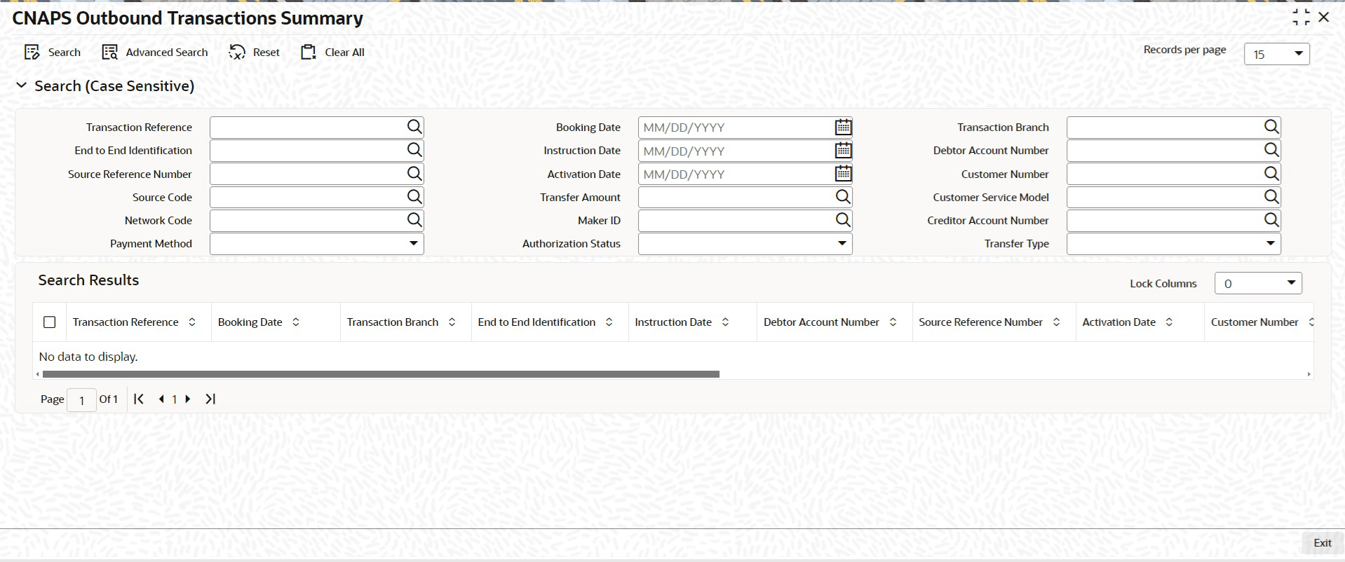 CNAPS Outbound Transaction Summary screen