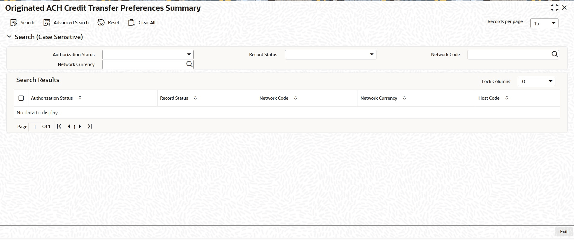 Originated ACH Credit Transfer Preferences Summary screen