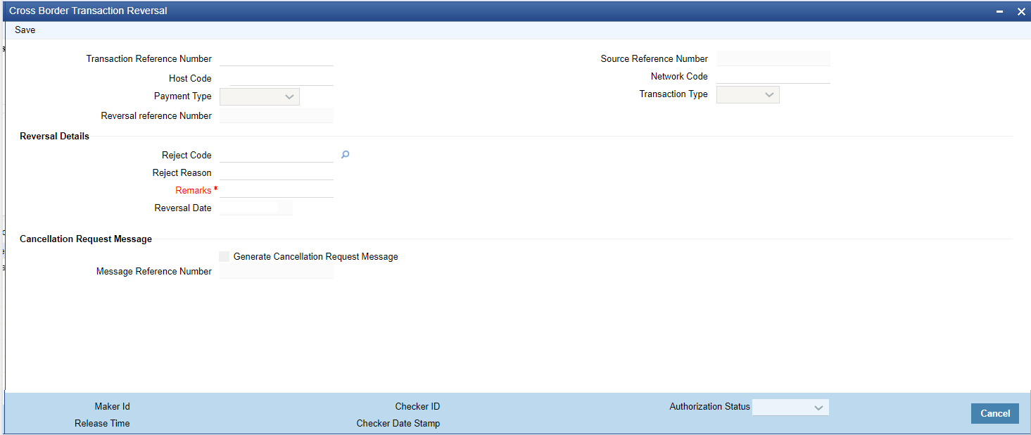 Cross Border Transaction Reversal screen