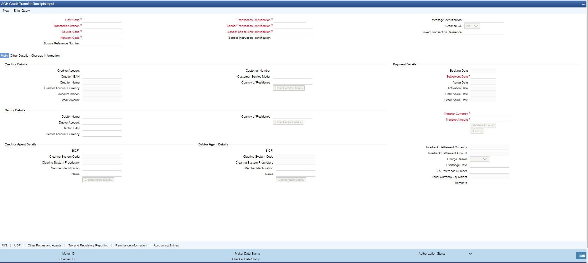 ACH Credit Transfer Receipts Input screen