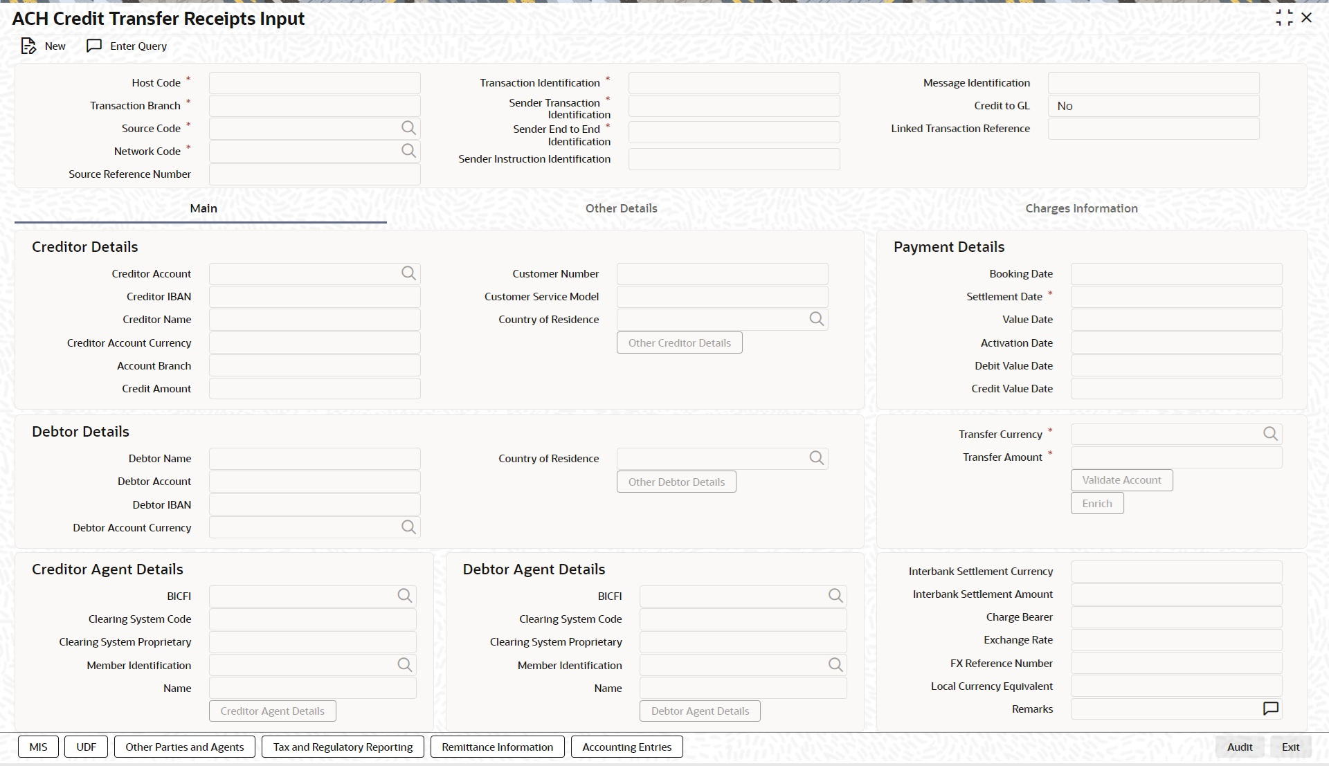 ACH Credit Transfer Receipts Input screen
