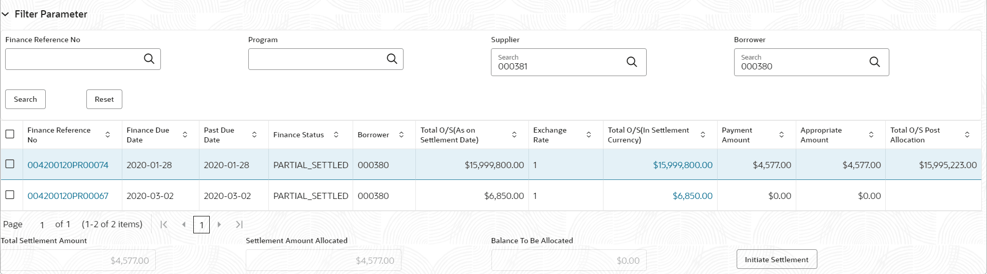 Description of finance-settlement-registration-filter-parameter-search-results.png follows