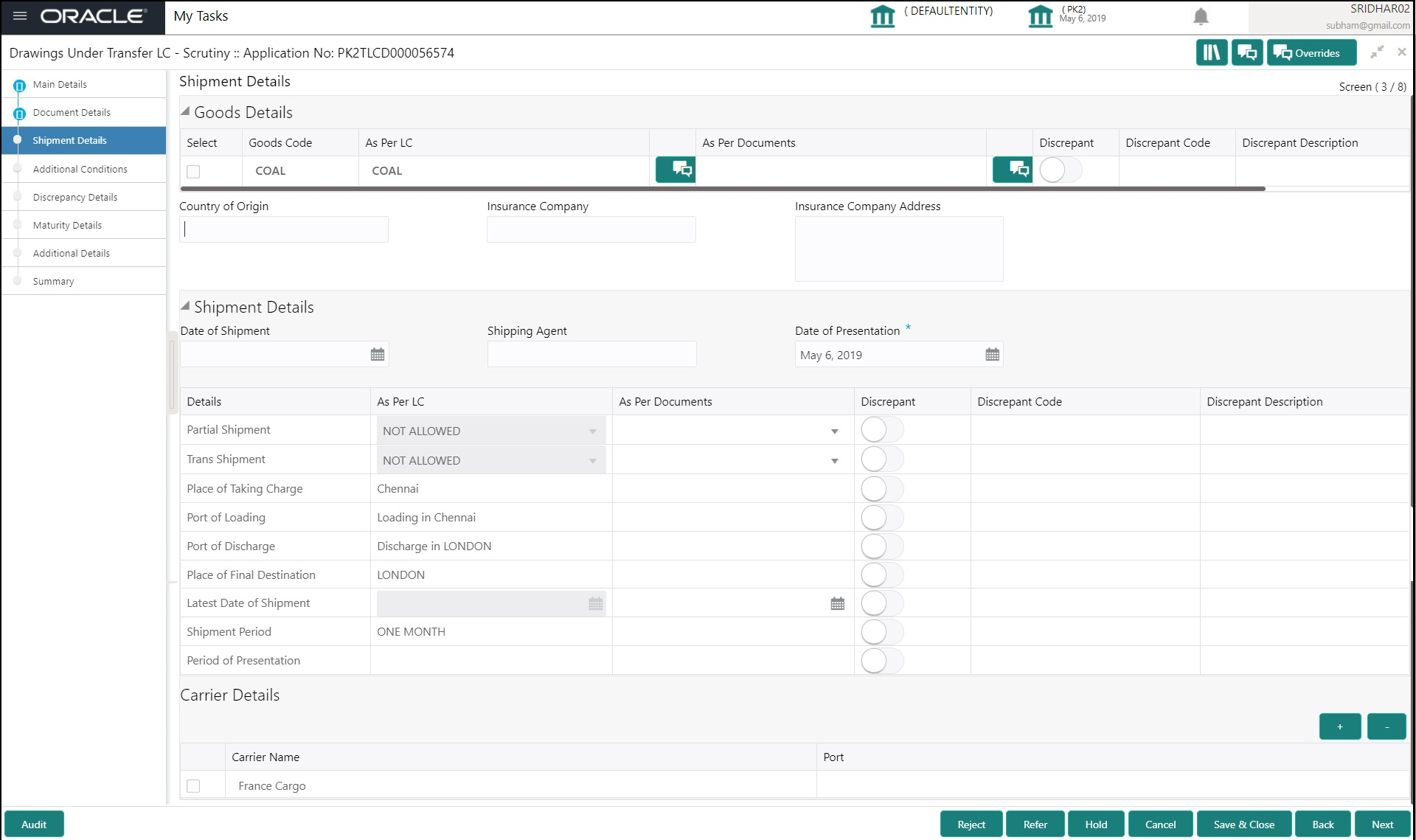 Description of scrutinyshipmentdetails.png follows