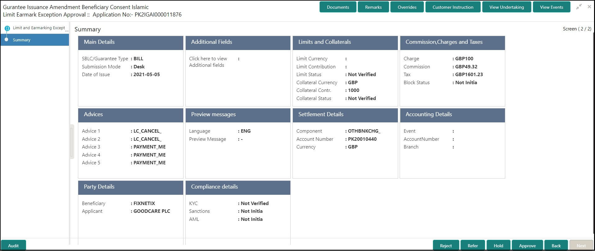Exception - Limit Check/Credit Summary Exception - Limit Check/Credit Summary