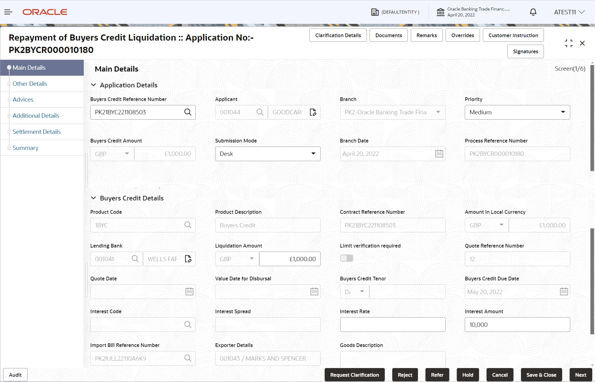 Description of liquidationmainapplicationdetails.png follows