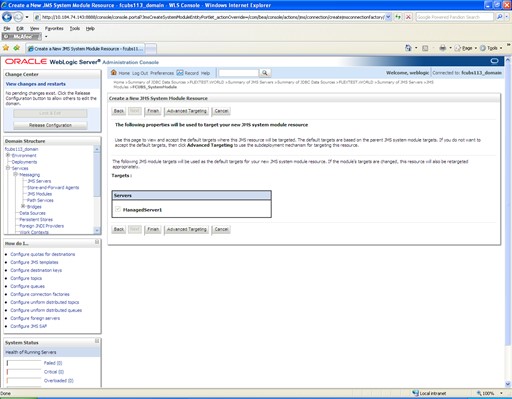 The image shows the Create a New JMS System Module Resource - Targets Screen. It displays several fields to specify the Create a New JMS System Module Resource - Targets.