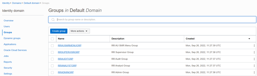 Groups available in the default domain