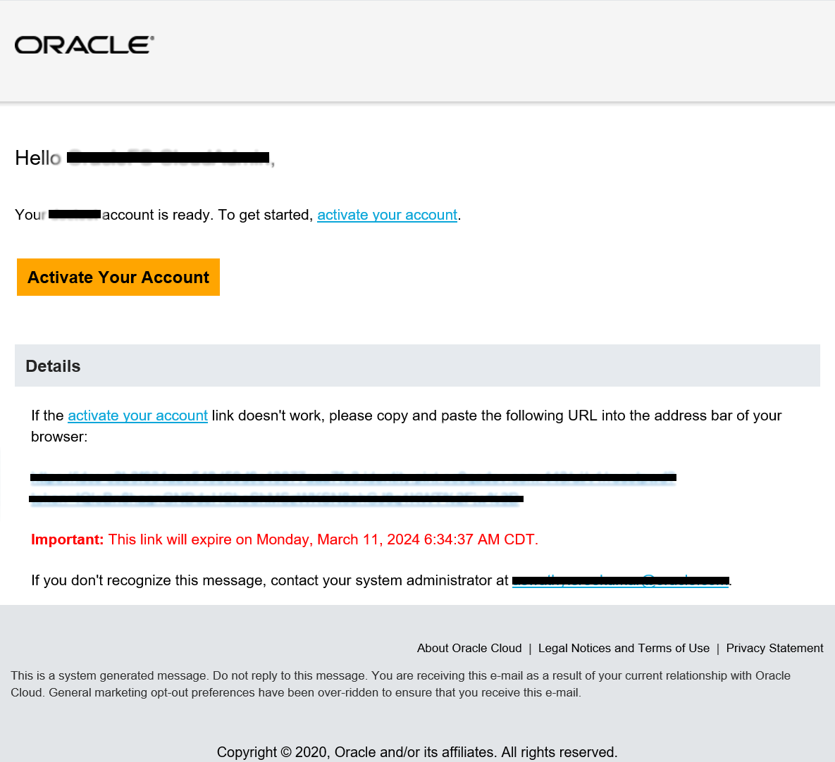 Welcome to Cloud Account OracleFS CloudAdmin Email