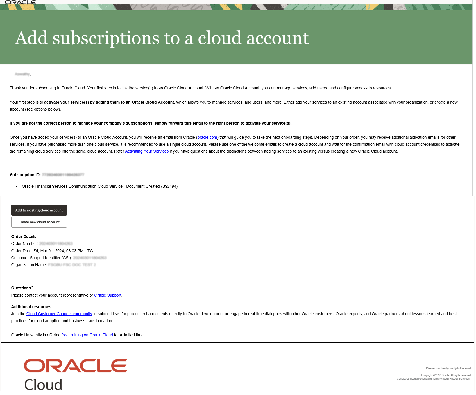 Welcome to New Oracle Cloud Service Subscription Email