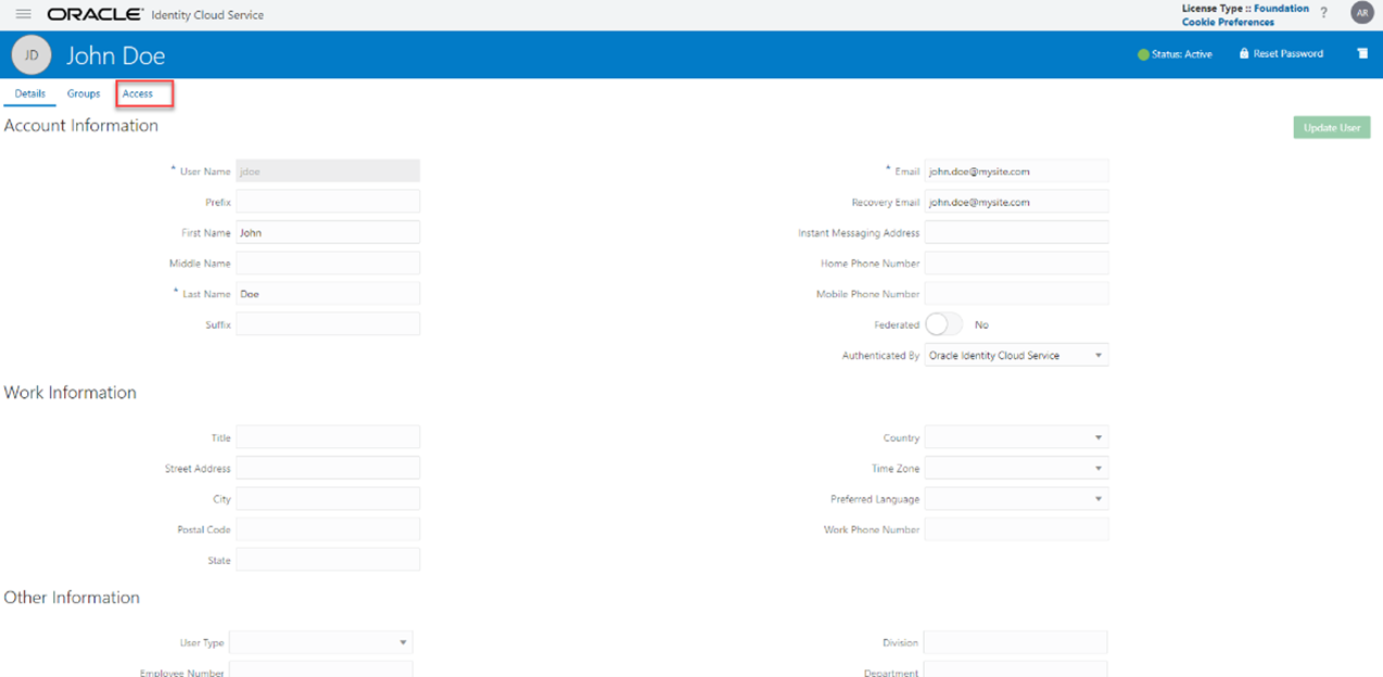 This illustration shows the user details page, in this page the detailsof the user such as Account Information, Work Information, and Other Informationare displayed as pane. And there are corresponding field within these panes.